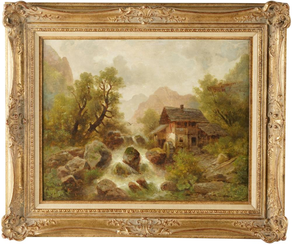 CABIN IN RIVER LANDSCAPEoil on panel signed illegibly lower left