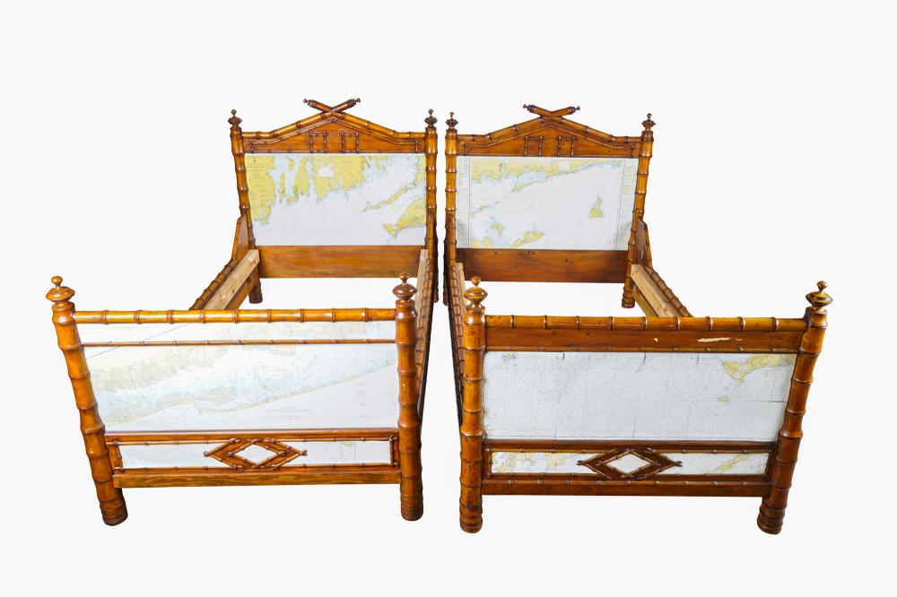 PAIR OF BAMBOO STYLE TWIN BEDSeach with inset nautical map