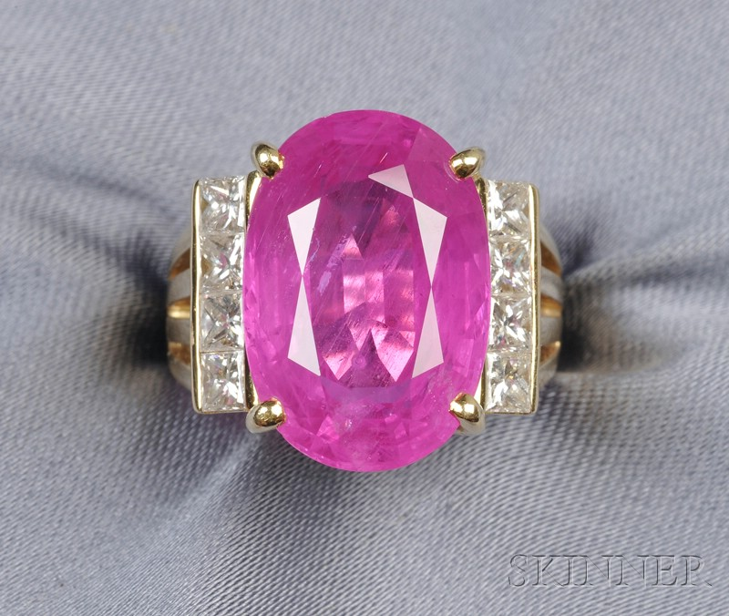 18kt Gold Pink Sapphire and Diamond Ring prong set with