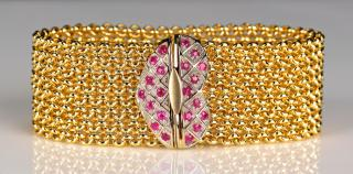18K Italian Wide Bracelet w Rubies 18K yellow and white
