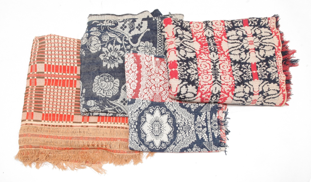 FOUR AMERICAN COVERLETS Mid 19th century Red brown and natural
