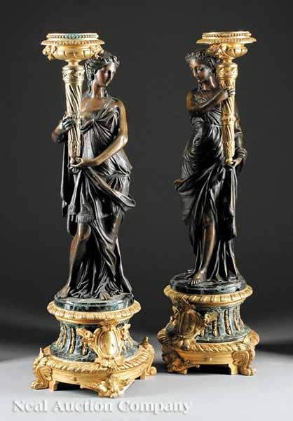 A Pair of French Gilt Patinated Bronze and Marble Torch