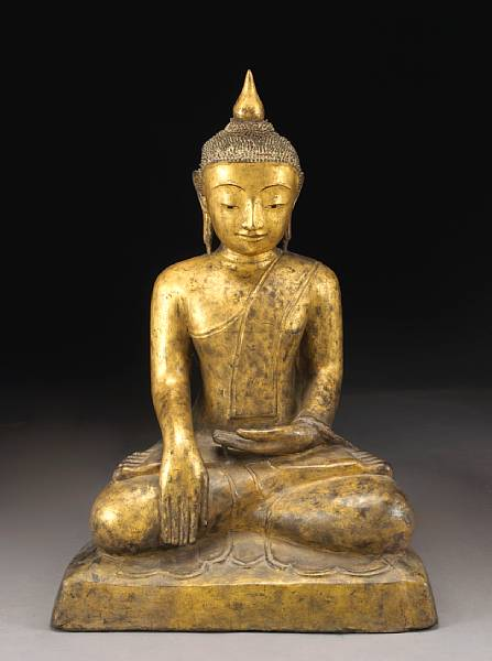A Burmese dry lacquer Buddha Seated dhyanasana with his hands