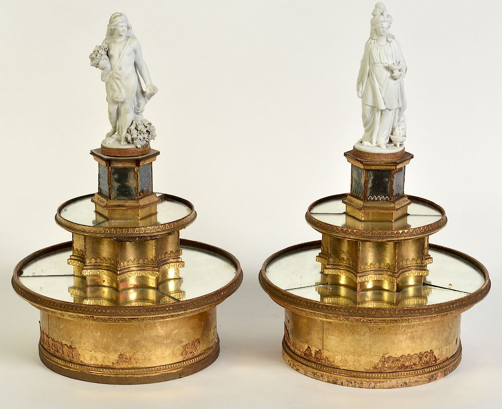 Pr French Mirrored Centerpieces W Bisque Figure Gilt and mirrored
