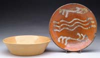 REDWARE PLATE ROCKINGHAM SOAP DISH AND TWO YELLOWARE BOWLS 1