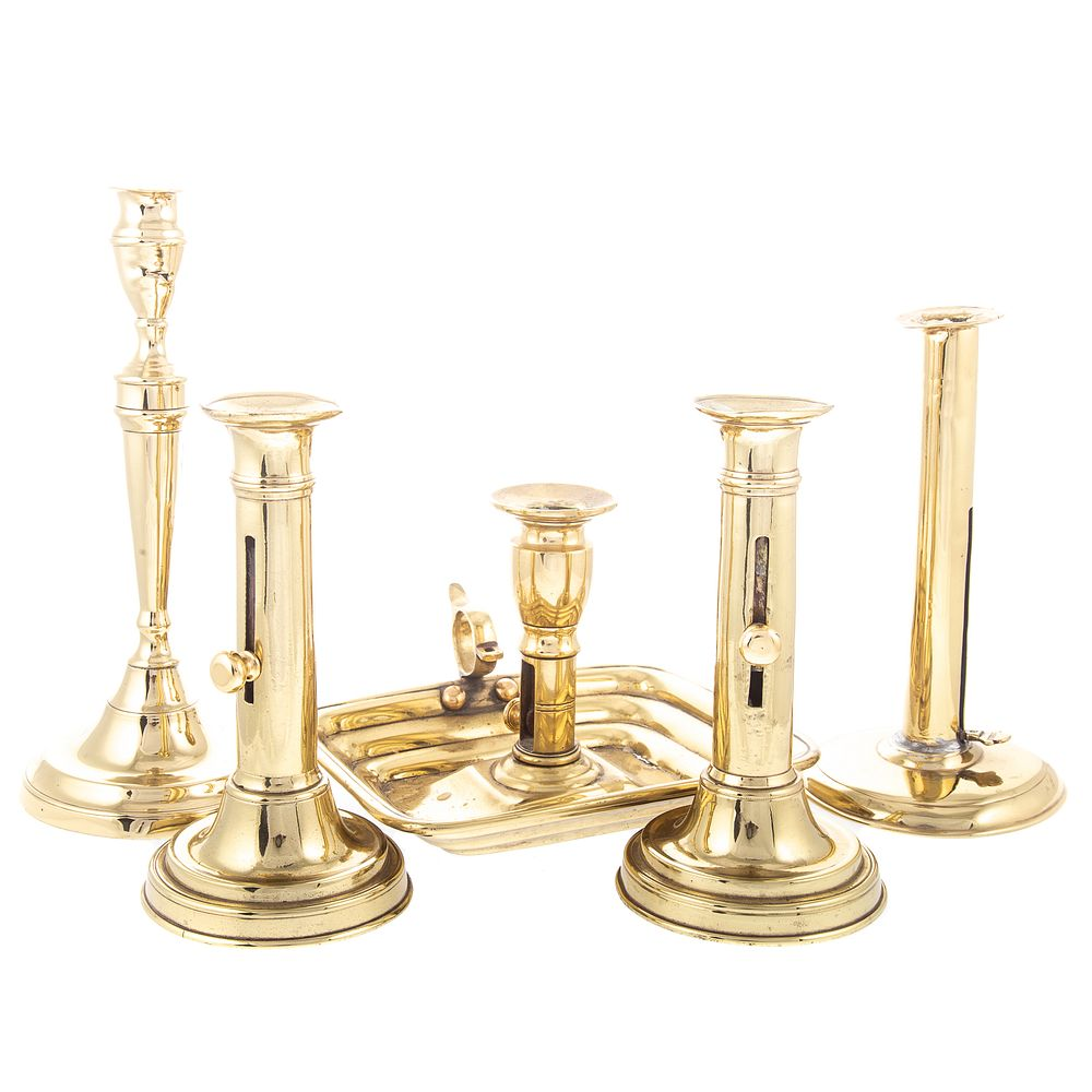 Five Assorted Brass Candlesticks 19th century includes hog scraper 7
