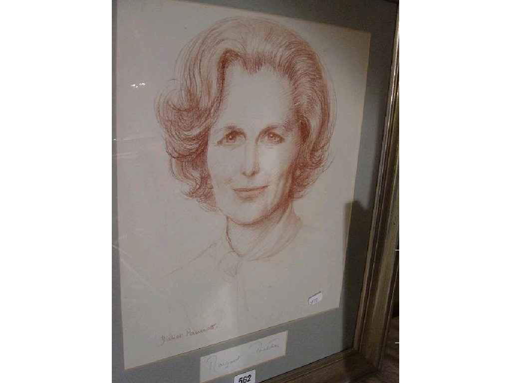 A shoulder length pastel portrait of Margaret Thatcher signed bottom