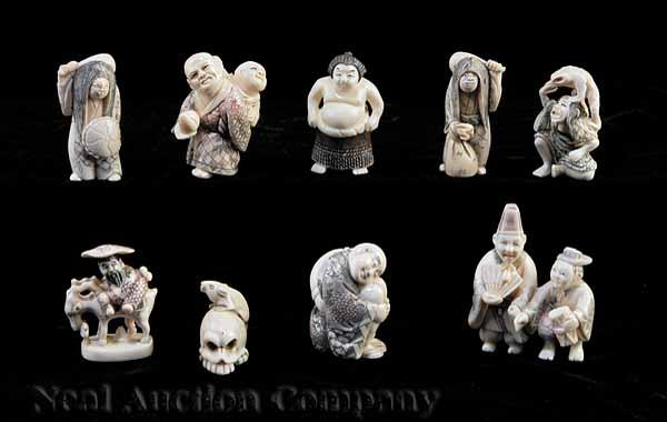 A Collection of Nine Japanese Carved Ivory and Bone Netsuke