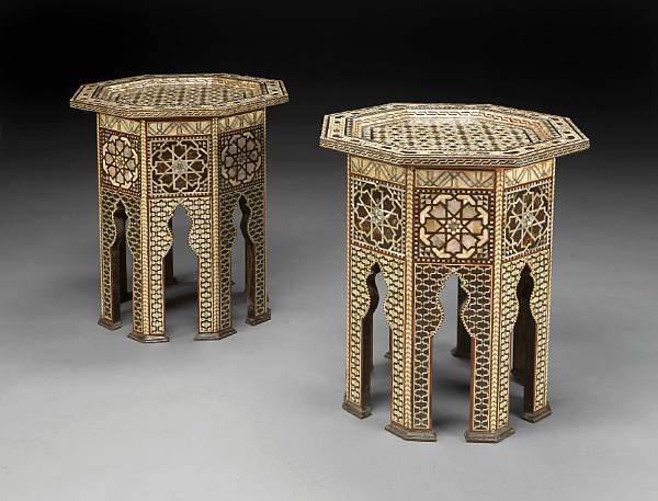 A pair of Levantine shell inlaid hardwood occasional tables Each