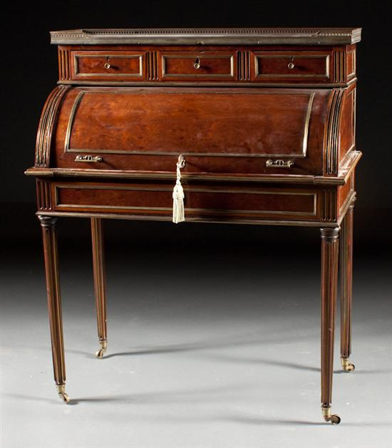 Napoleon III brass mounted mahogany marble top bureau a cylindre