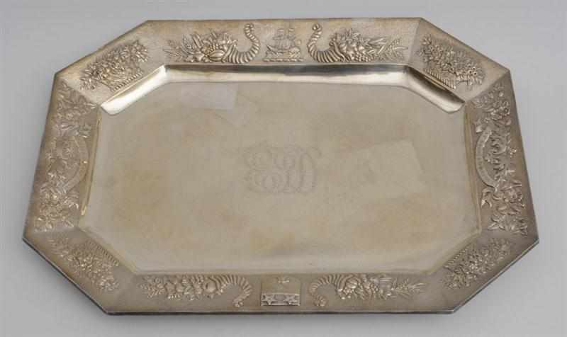 REED AND BARTON MONOGRAMMED SILVER CHAMFERED RECTANGULAR TRAY The stippled