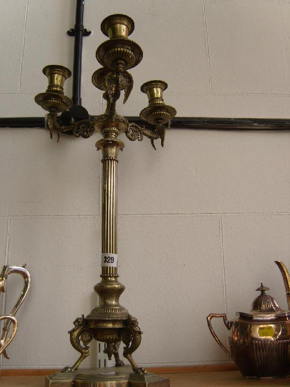 A substantial Victorian 3 branch candelabra with fluted column and