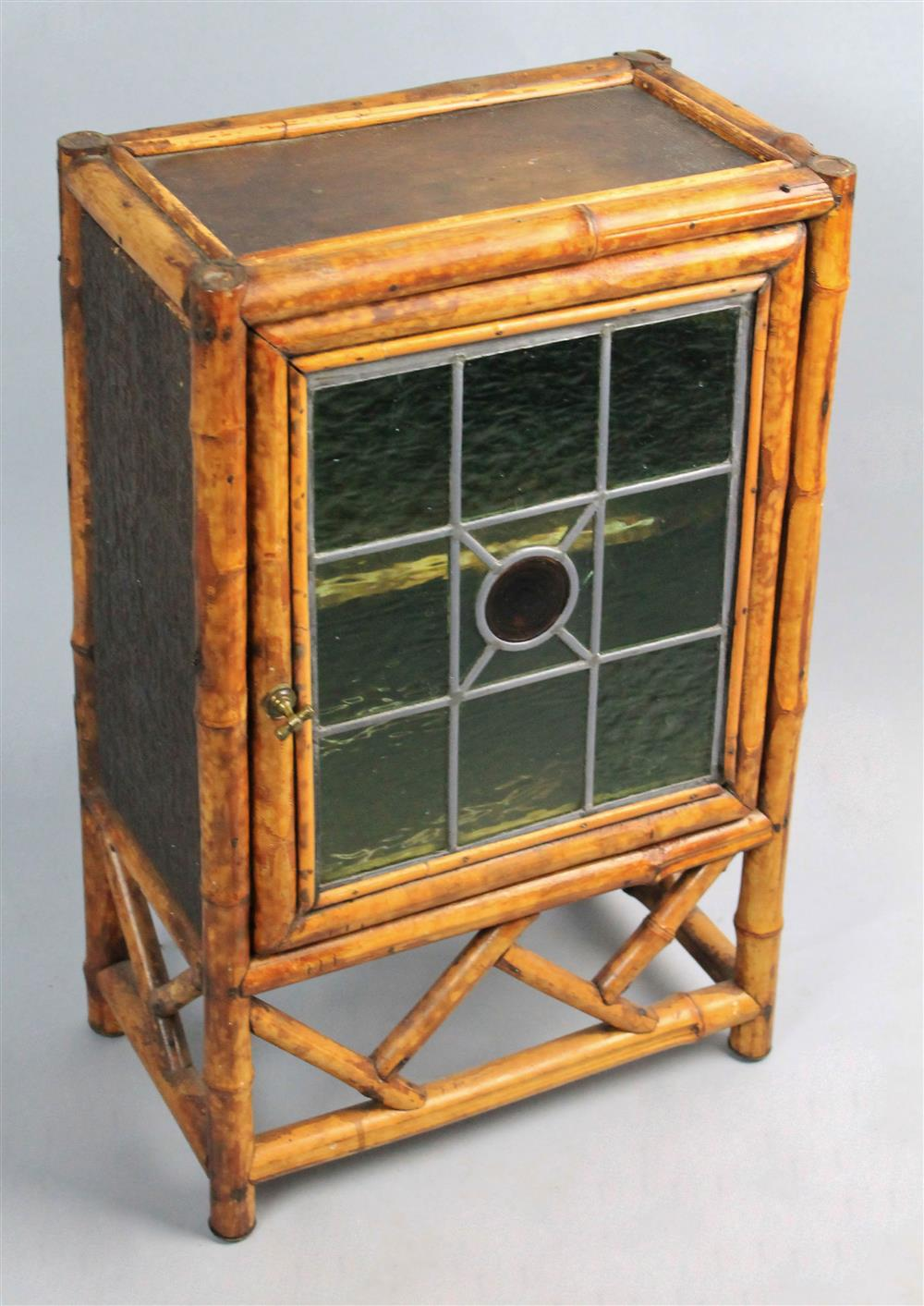 AESTHETIC MOVEMENT HANGING BAMBOO AND STAINED GLASS CABINET LINED WITH