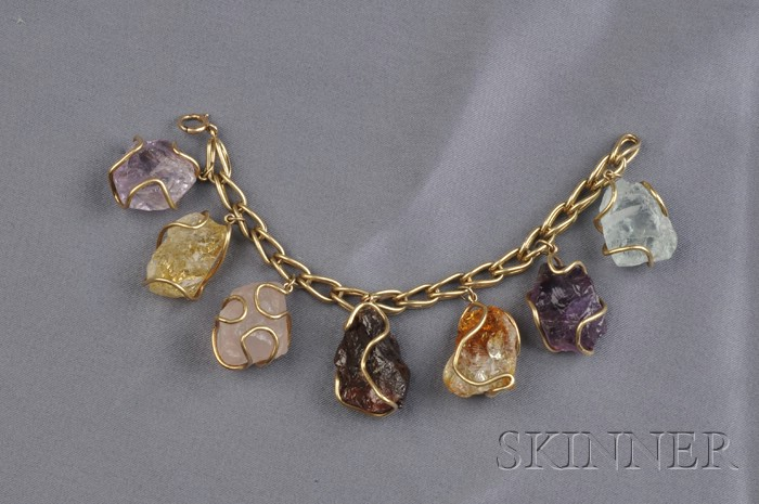 14kt Gold and Gemstone Bracelet designed as a gold link