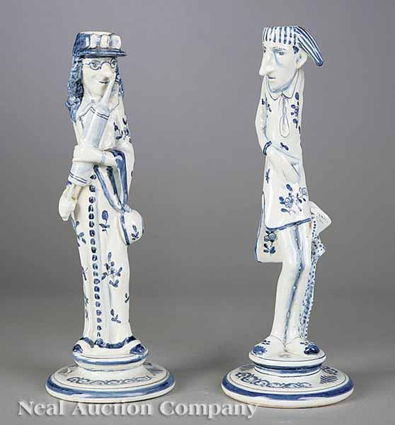 A Pair of Blue and White Delft Figural Candlesticks humorous