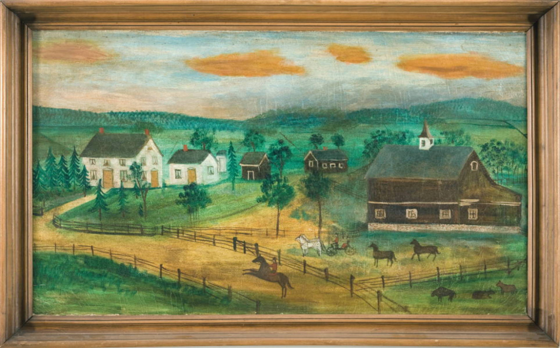 PRIMITIVE FARM SCENE WITH HORSE AND RIDER Oil on canvas