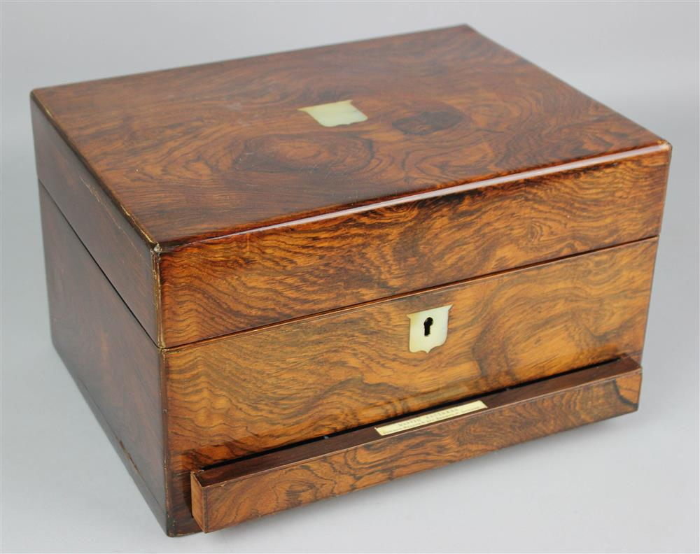 VICTORIAN ROSEWOOD NECESSAIRE BY MAPPIN BROTHERS the hinged rectangular case