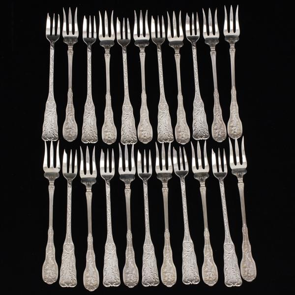 Two sets of Gorham sterling silver oyster and pastry forks