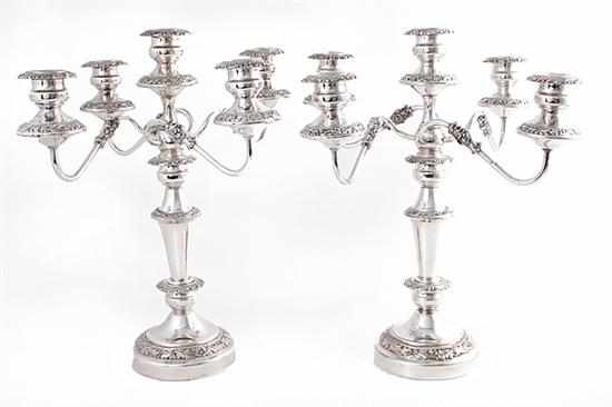 Pair English silverplate five light candelabra floral banded shaped stem