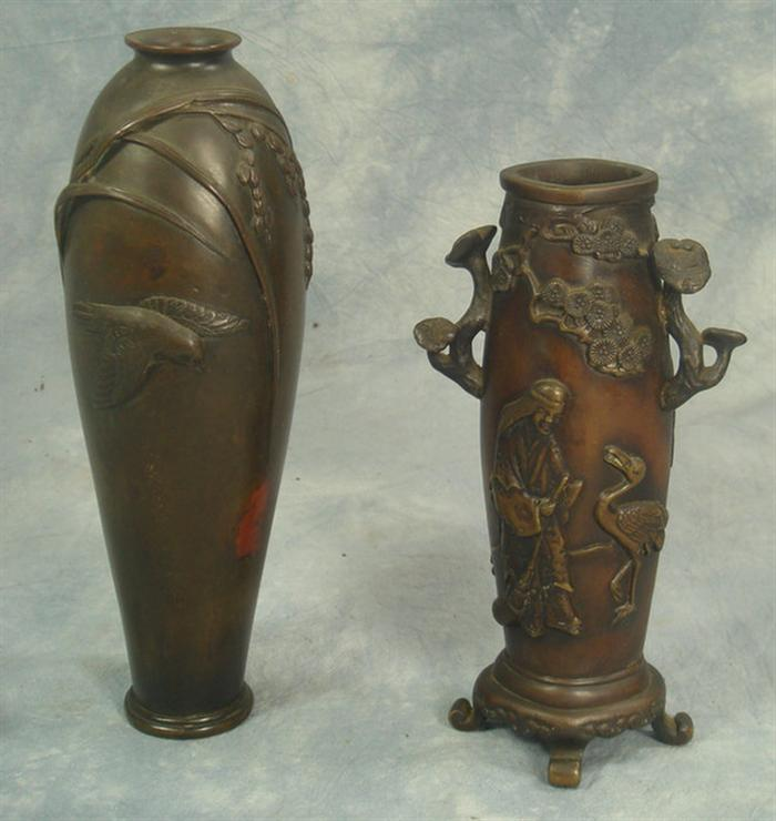 2 Chinese bronze vases figural and bird decorations one signed