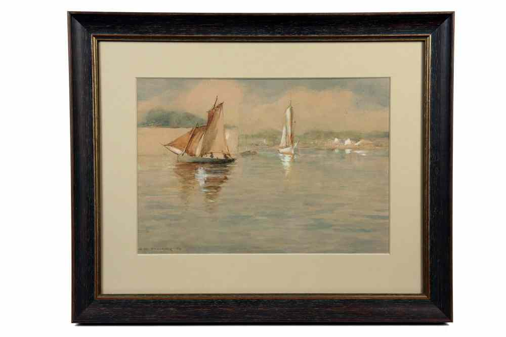 WATERCOLOR INK Sailboat and Schooner at Anchor by George M