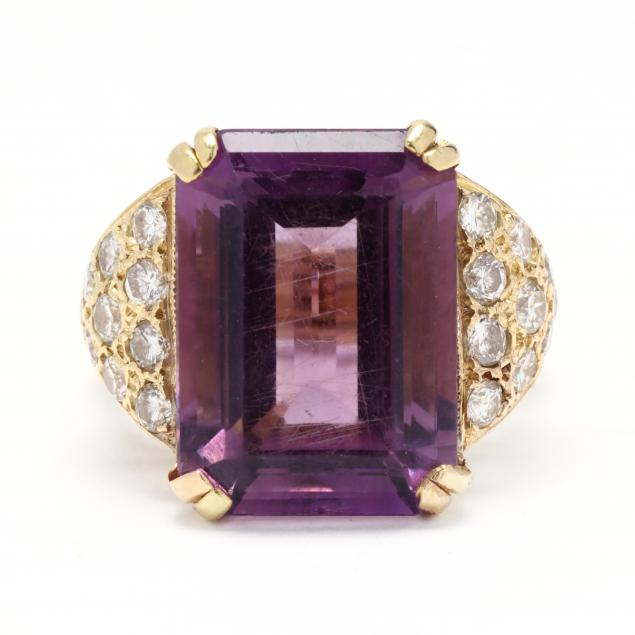 Gold Amethyst and Diamond Ring Centering on a prong set