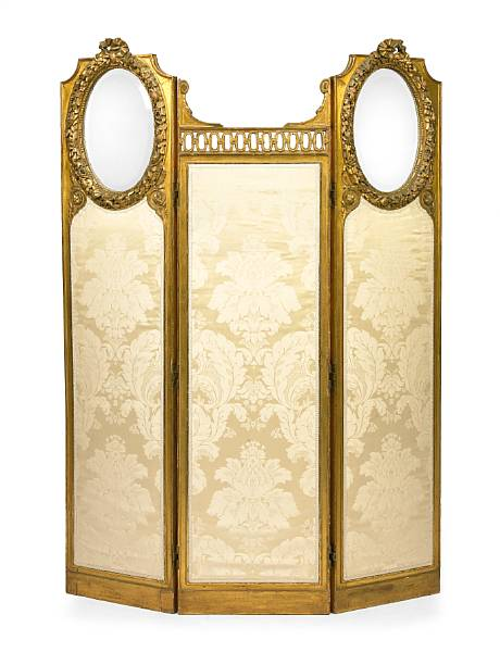 A Louis XVI style carved giltwood and gesso three fold
