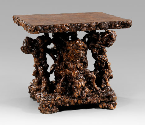 Rustic root and burlwood center table oyster style end grain