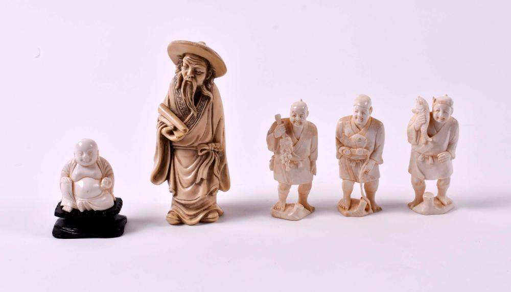 FOUR ASIAN CARVED FIGURESComprising a seated Hotai on a wood