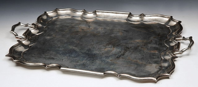 AN EDWARDIAN SILVER BUTLER S TRAY rectangular shaped with a