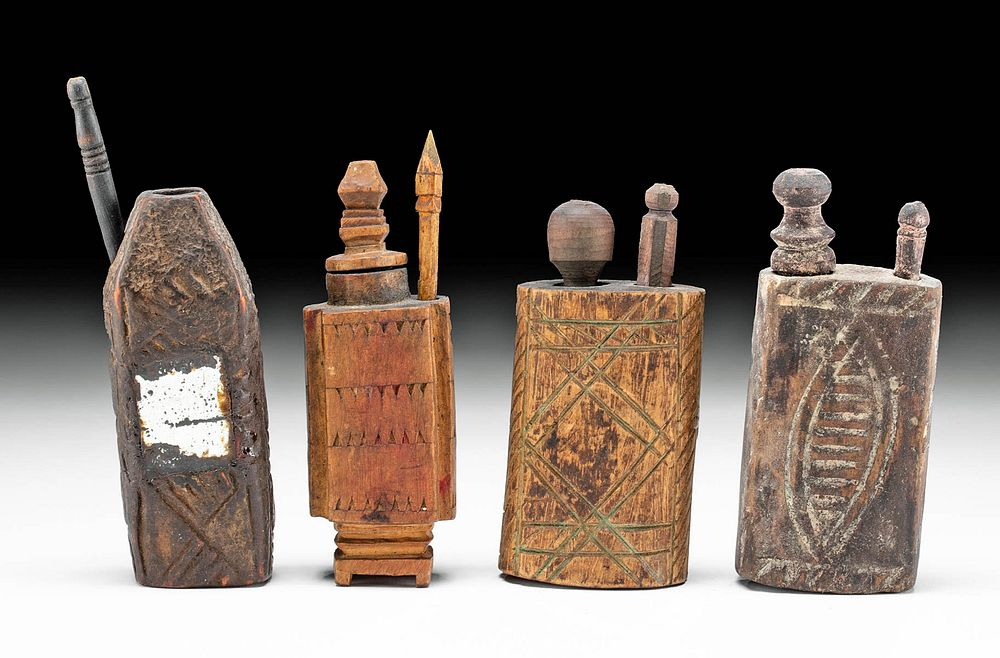Four 19th C Moroccan Berber Wood Kohl Jars ex Museum