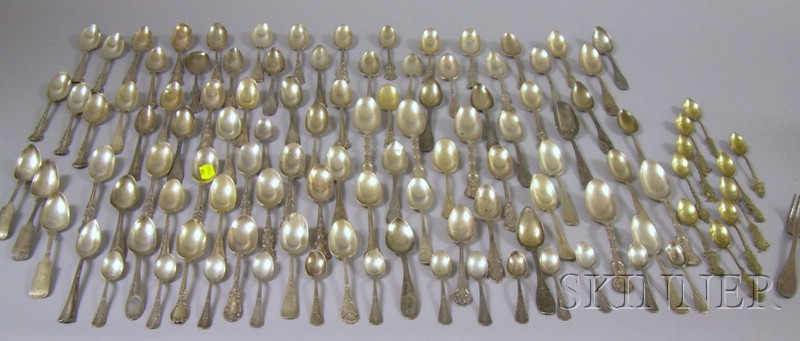 Large Group of Victorian Mostly Sterling and Coin Silver Teaspoons