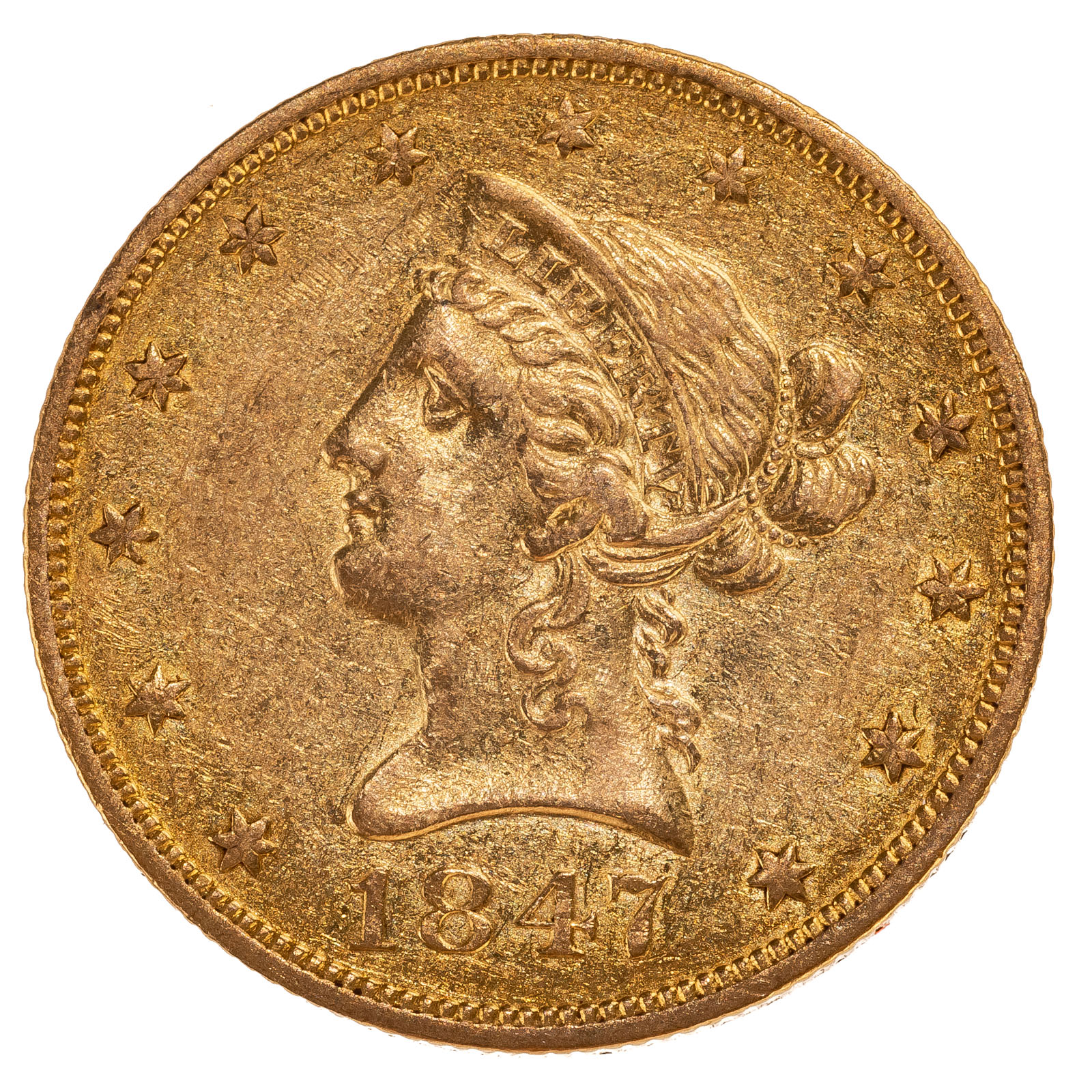 1847 O LIBERTY 10 GOLD EAGLE AU No Motto earlier