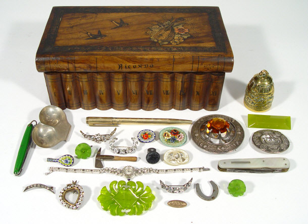 Olivewood book design box containing items including a micro mosaic