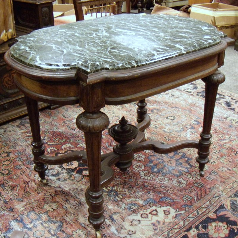 Victorian Renaissance Revival Marble Turtle top Carved Walnut Center Table