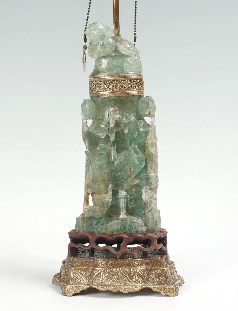 CARVED CHINESE FLUORITE LAMP Carved pierced Chinese Fluorite lamp having