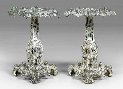Pair cast iron garden tables each with circular top with