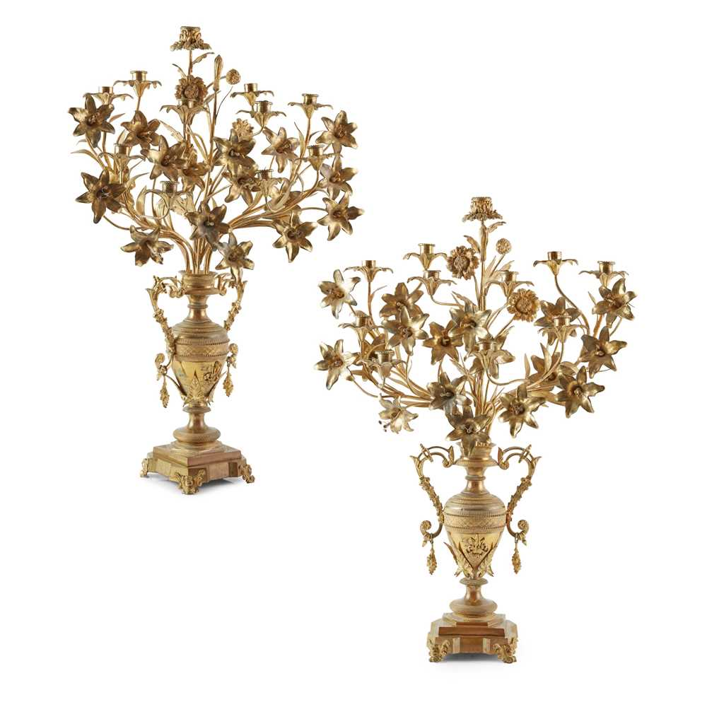PAIR OF FRENCH LARGE GILT METAL CANDELABRA 19TH CENTURY modelled
