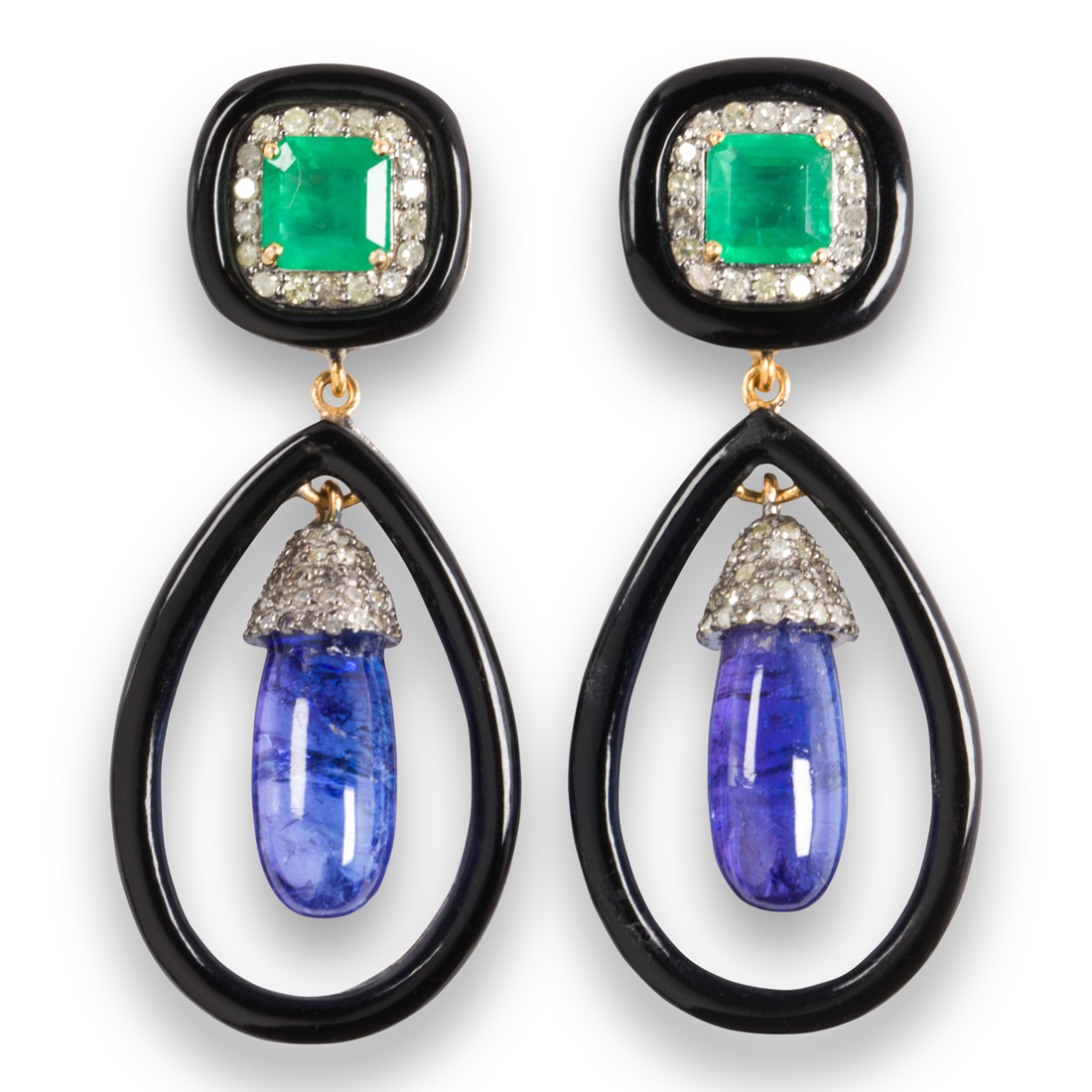 A PAIR OF TANZANITE EMERALD ONYX AND DIAMOND EARRINGS A