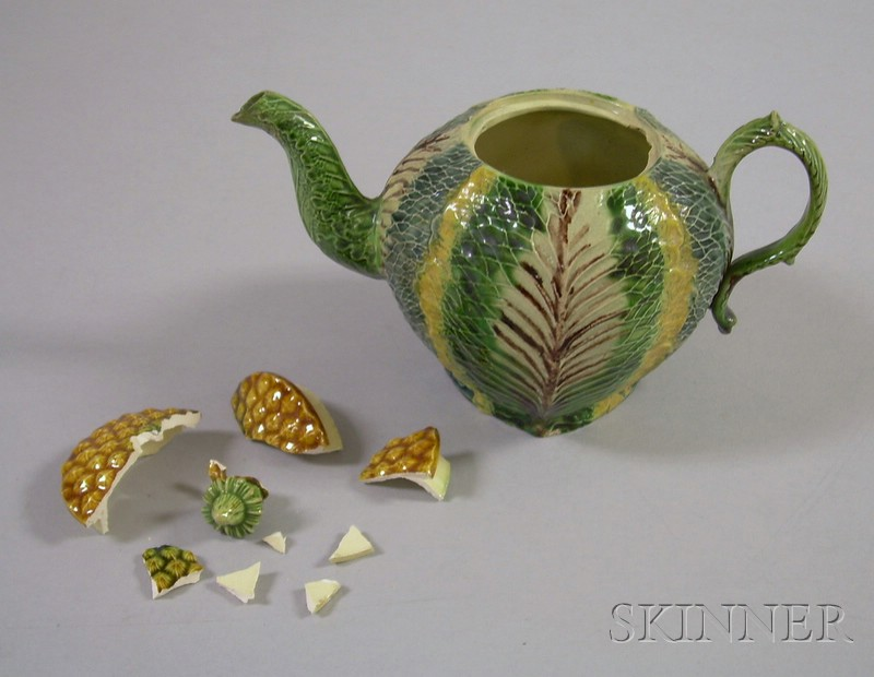 Staffordshire Lead Glazed Creamware Cabbage Leaf Teapot England c 1760