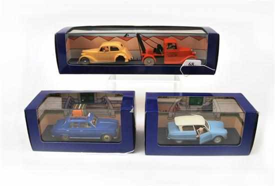 THREE EN VOITURE TINTIN FIGURES FROM TINTIN COMICS INCLUDING 19653