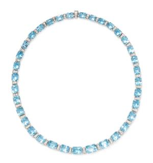 A Platinum Aquamarine and Diamond Necklace J E Caldwell 38