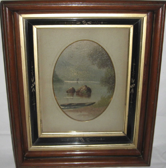 American School 19th Century Skiff on a Riverbank oil on