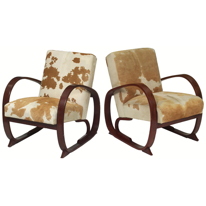 Art Deco lounge chairs two maker unknown cowhide upholstered seats