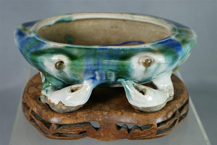 Chinese pottery crab form planter blue green glaze fritting around