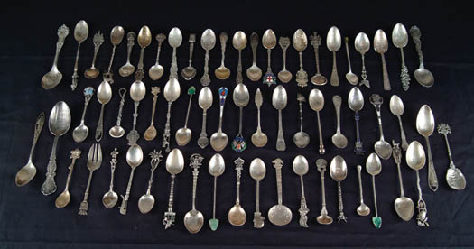 LOT OF 63 STERLING AND SILVER PLATED SOUVENIR SPOONS Sizes