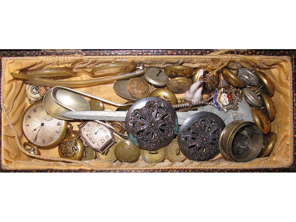 Box of miscellania buttons watches etc