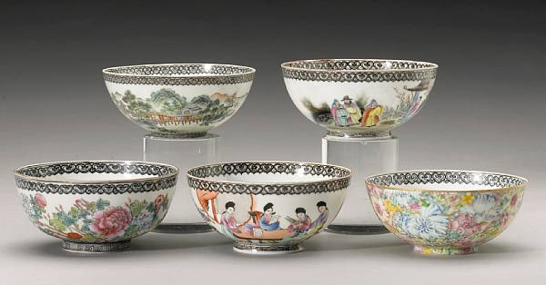 Ten eggshell porcelain bowls Each of identical shape painted in