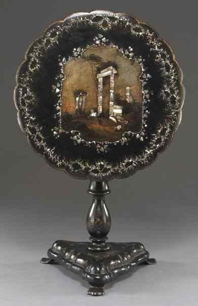 English Victorian papier mache tilt top table the round shaped