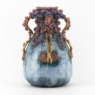 19th Century Austrian Amphora Art Nouveau Relief Pottery Vase Decorated